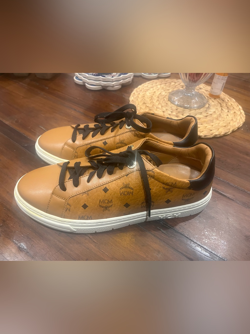 Mcm Cognac Visetos Low-Top Sneakers With Black Accents